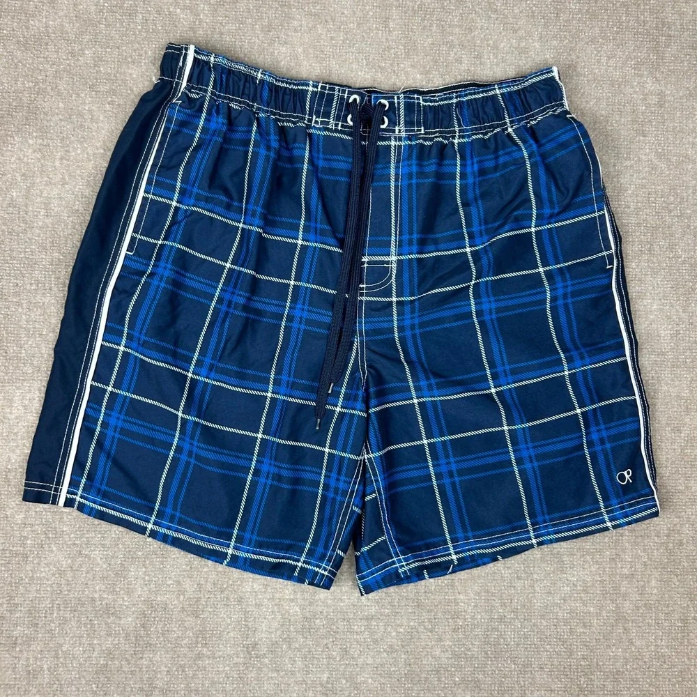 Ocean Pacific Swim Trunks Shorts Mens Large Navy Blue Plaid Mesh Lined Surfing
